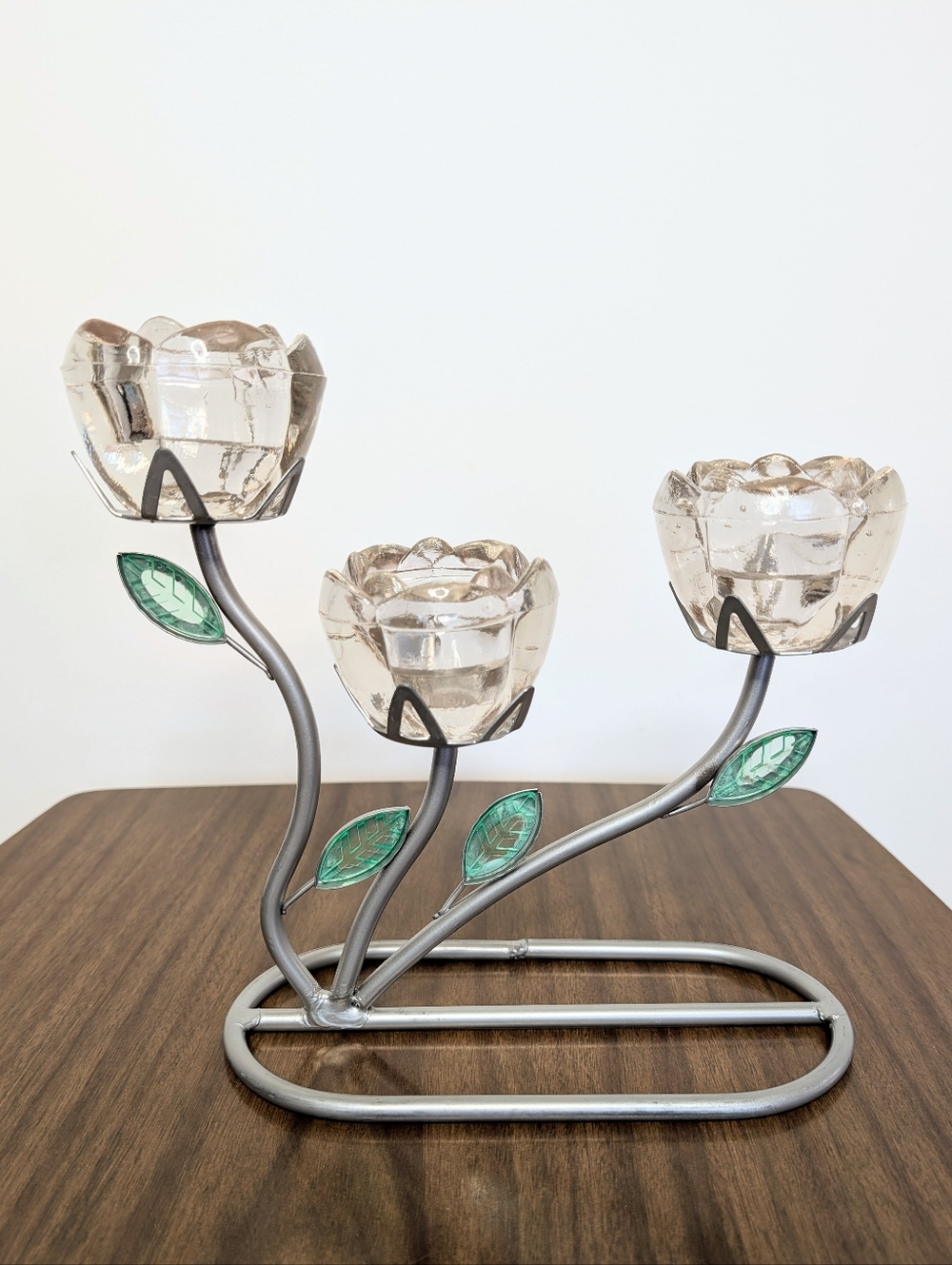 Y2K Silver Tone Metal With Green Leaves & Pale Pink Glass Flowers Candle Holder